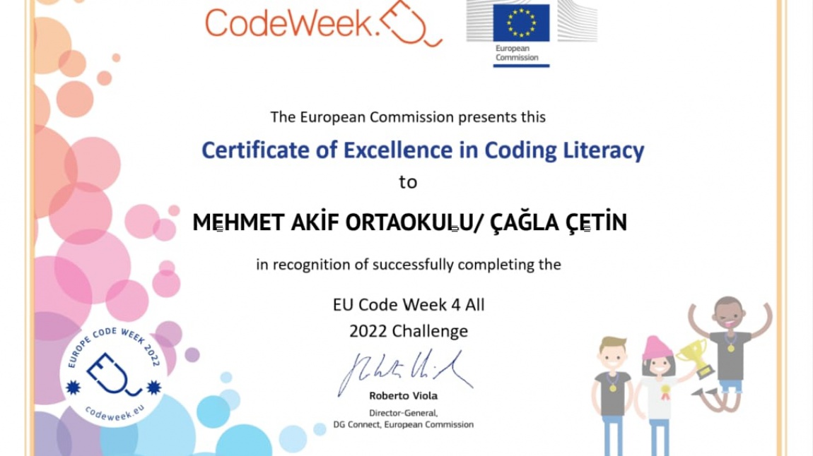 Okulumuz CodeWeek Mükemmellik Sertifikası Almaya Hak Kazanmıştır